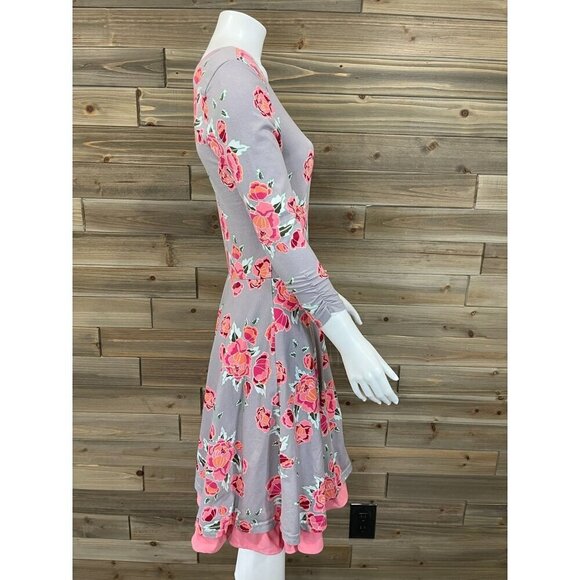 Matilda Jane Marzipan Gray Rose Dress Small Pink Floral A-Line 3/4 Sleeve Ruffle - Picture 2 of 7